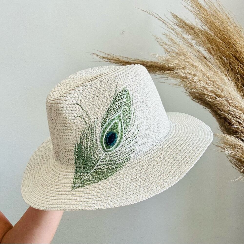 VINTAGE NORDSTROM Cream Tan Straw Wide Visor Brim Green Peacock Fedora Sun Hat - Picture 2 of 11